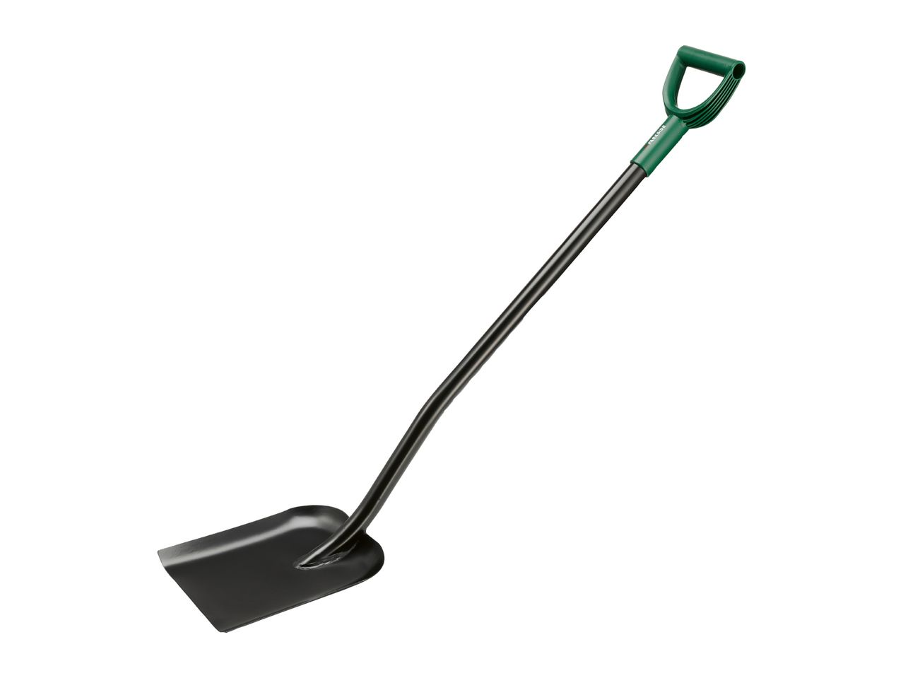 A black shovel with a green D-handle