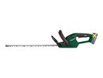 A cordless hedge trimmer with a long blade and a battery pack attached.