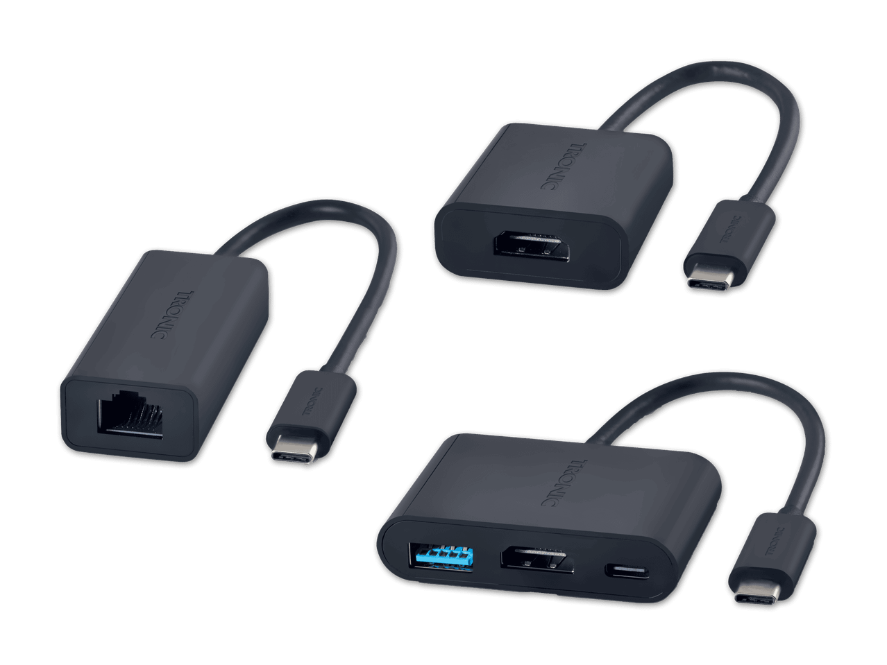 Drei schwarze TRONIC USB-C Adapter: Ethernet, HDMI und ein Multiport-Hub.