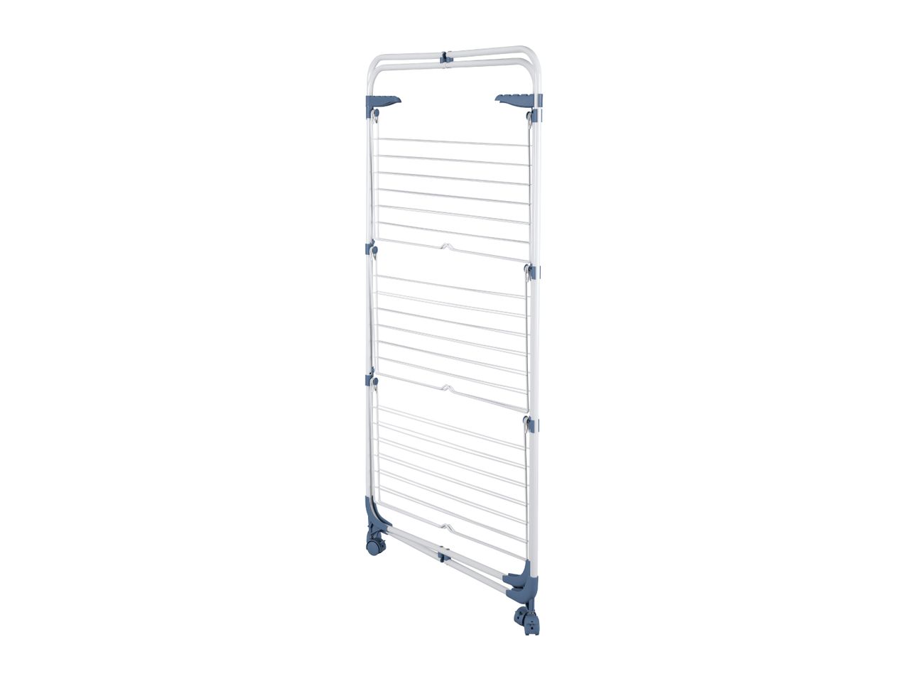 White and blue clothes drying rack on wheels, standing upright.
