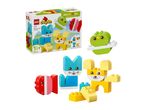 Building blocks set with cute animal faces, including a blue cat, yellow dog, and red fish.