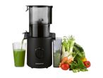 Black juicer making green juice, surrounded by fresh vegetables like fennel, carrots, and peppers.