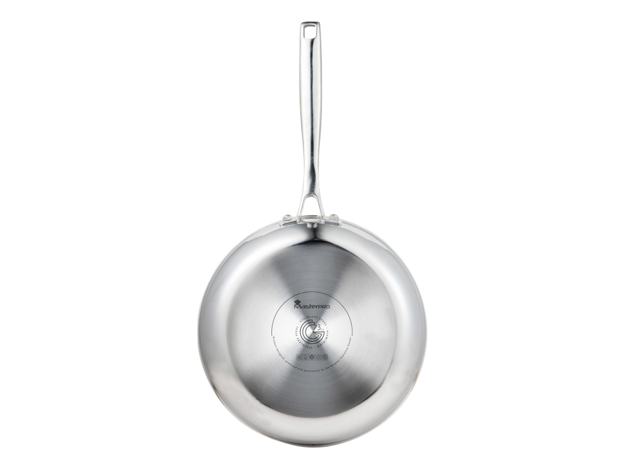 Stekpanna i rostfritt stål med handtag, 3-lagerskonstruktion och logotyp.