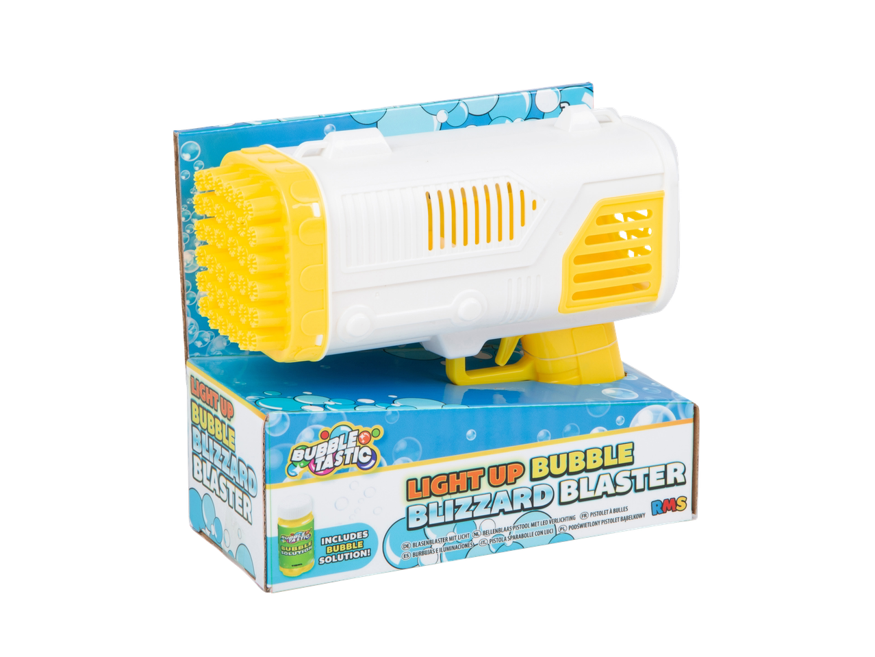 Bubbletastic® šviečiantis burbulų pistoletas „Blizzard Blaster“ su tirpalu.