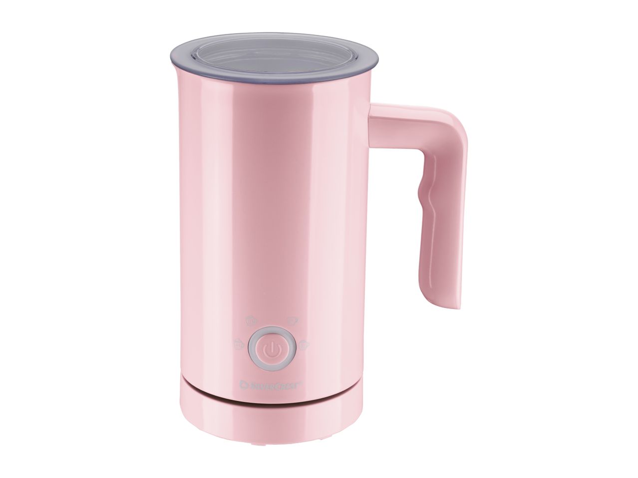 Pink milk frother with a handle and a transparent lid, featuring a power button and various frothing icons.
