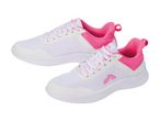 Pair of white and pink athletic shoes with white laces and pink accents