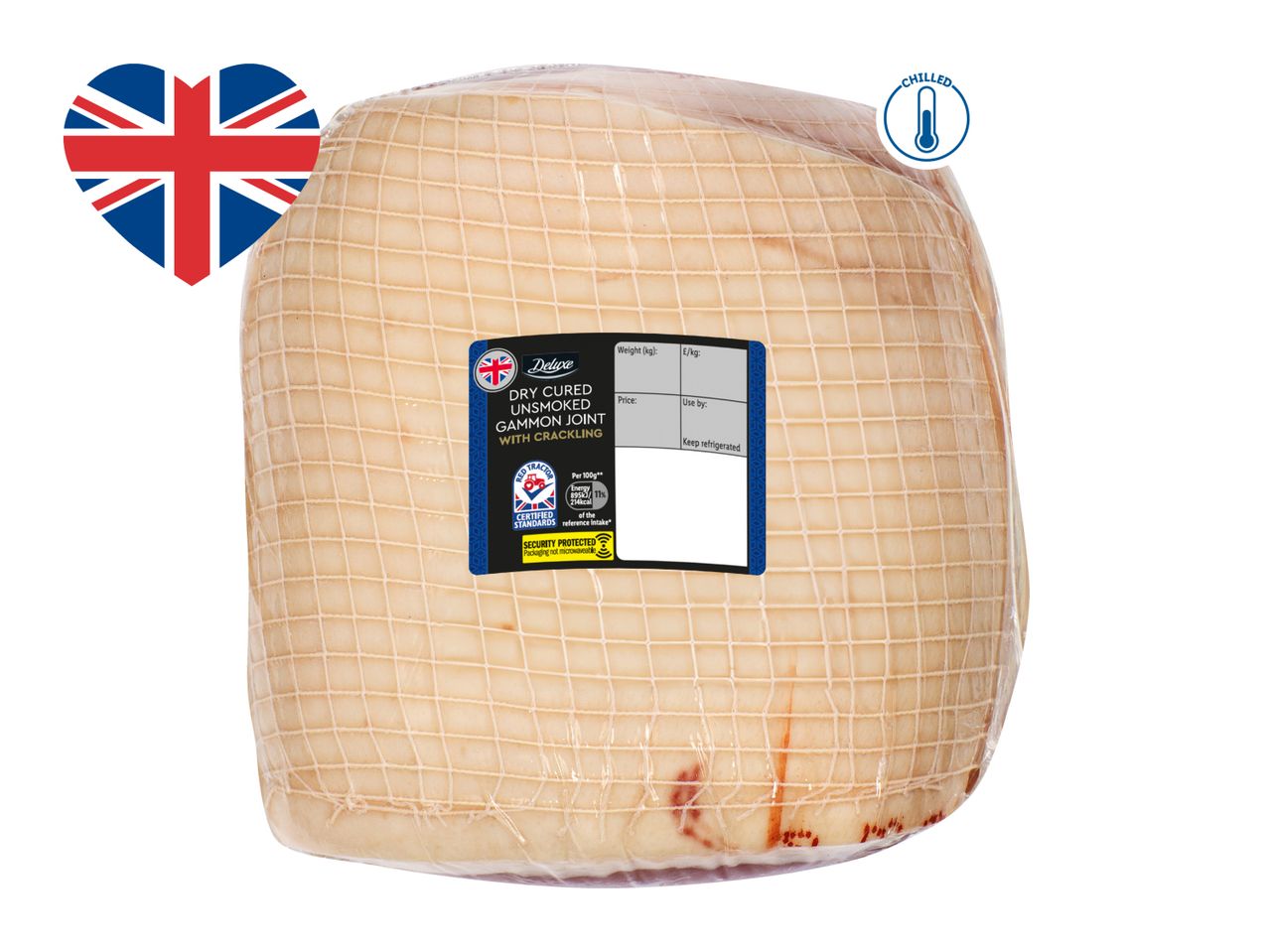 Dry cured unsmoked gammon joint with crackling, chilled, with a Union Jack heart.
