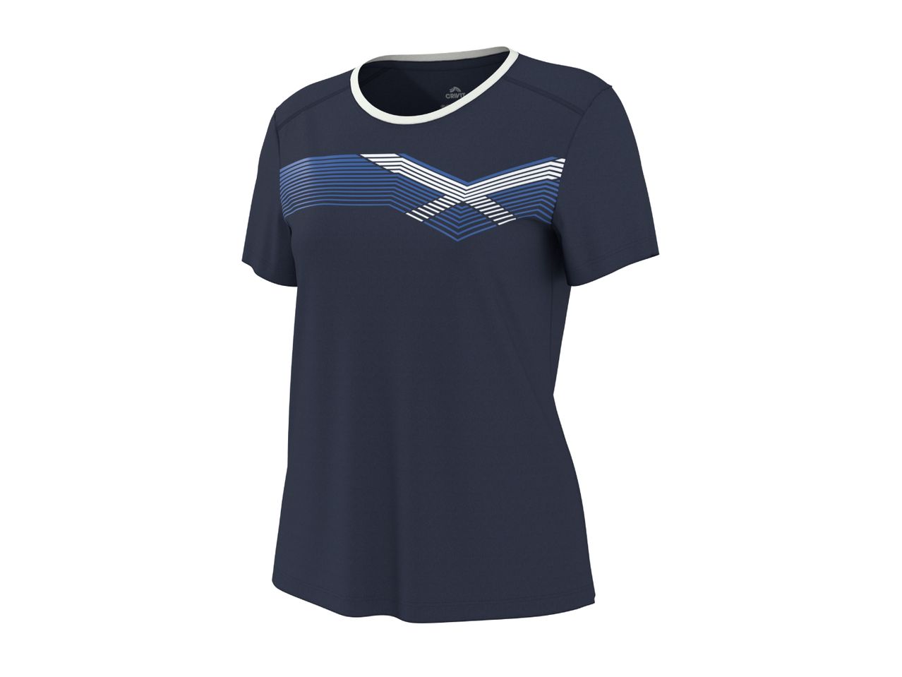 Navy blue women's sports t-shirt with a white and blue geometric pattern across the chest.