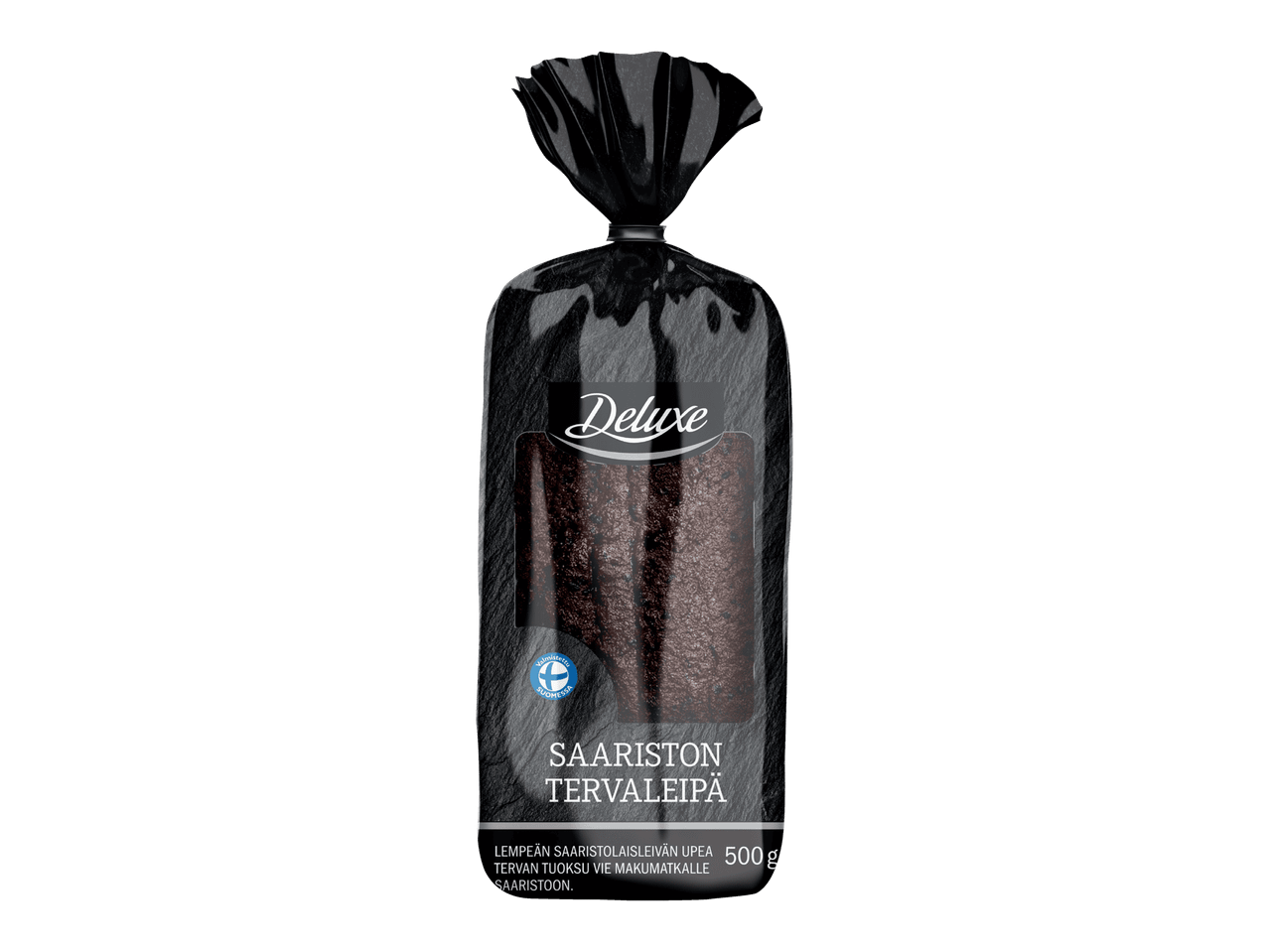 Deluxe Saaristolaisleipä tervan tuoksulla, 500 g, valmistettu Suomessa.