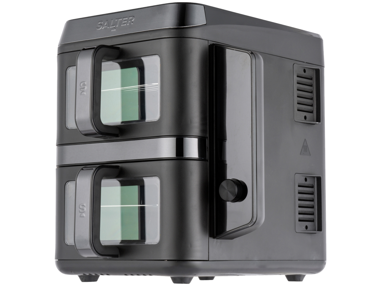 A Salter dual-compartment food steamer with transparent viewing windows and a control knob.