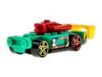 Ein Spielzeug-Rennwagen aus Bausteinen in Grün, Rot und Gelb mit der Nummer 2 auf der Seite.