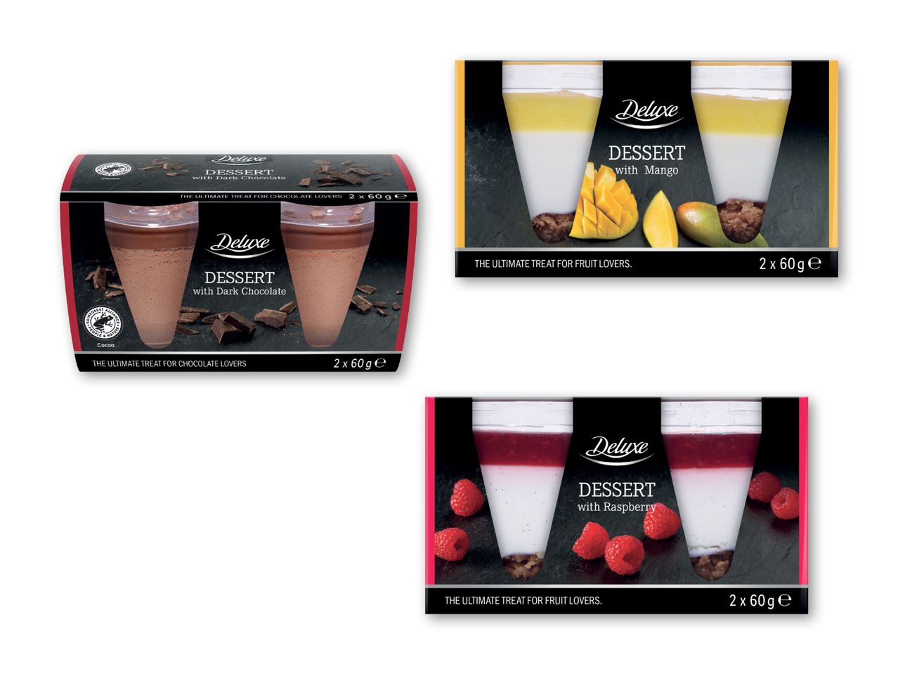Tre pakker med Alpro yogurts i forskellige smage: chokolade, ananas og hindbær.
