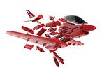 A red British Hawk T1 jet plane explodes into LEGO-like pieces.