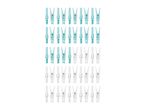 Rows of light blue and white clothes pegs on a white background.
