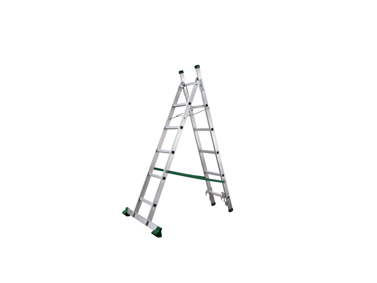 Escadote multifuncional PARKSIDE 3 em 1 em prateado com detalhes verdes.