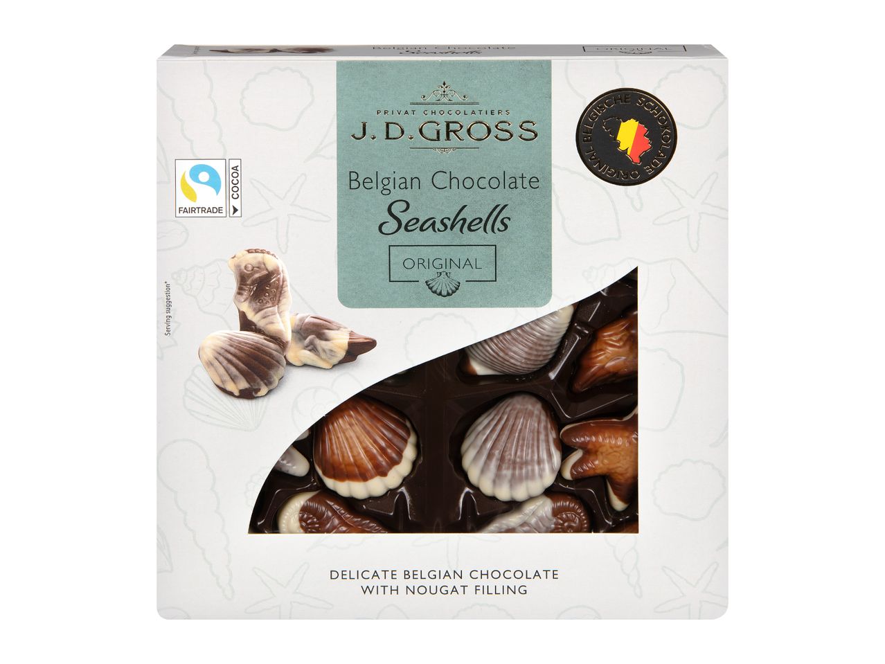 Belgian chocolate seashells with nougat filling, Fairtrade cocoa, original.