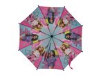 A Barbie-themed umbrella with images of Barbie dolls and the Barbie logo.