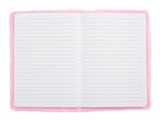 Lined notebook with pink fluffy cover.