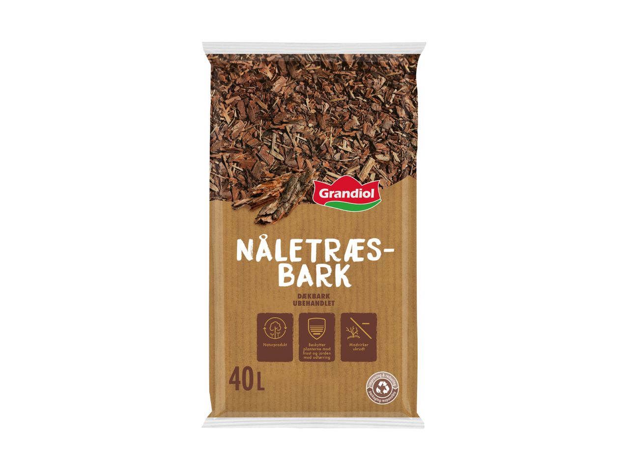 Pakke med 40L ubehandlet nåletræsbark, der beskytter planter og modvirker ukrudt.