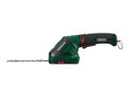 Cordless hedge trimmer with a long blade, green and black body, and red accents.