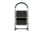 Two-step folding ladder with a green handle and black non-slip steps.