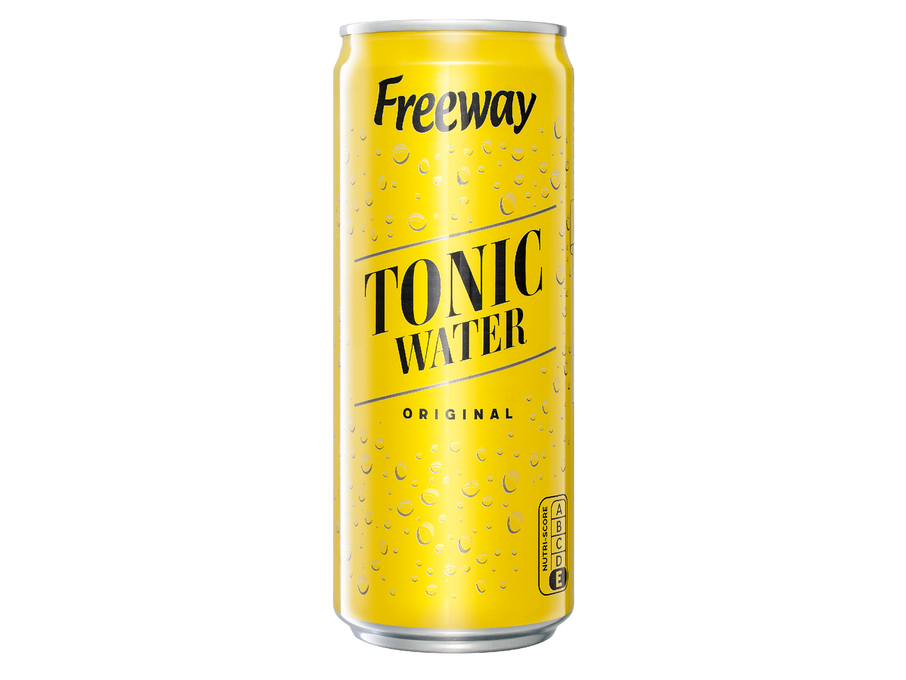 Жълта кутия тоник вода с надпис 'Tonic Water Original' и Nutri-Score E.