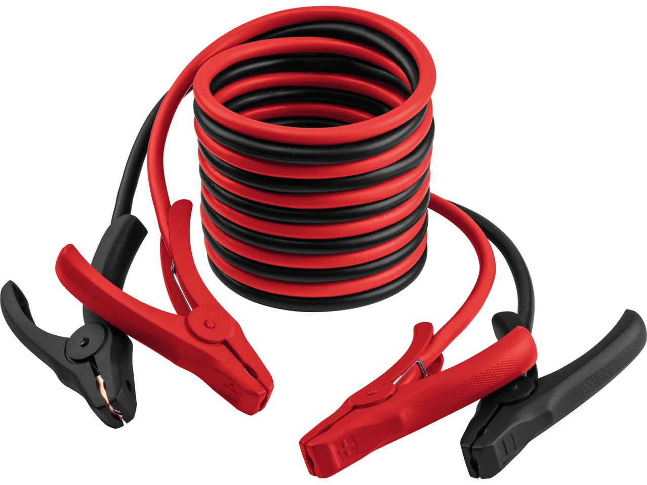 Red and black jumper cables with clamps, coiled in the center.
