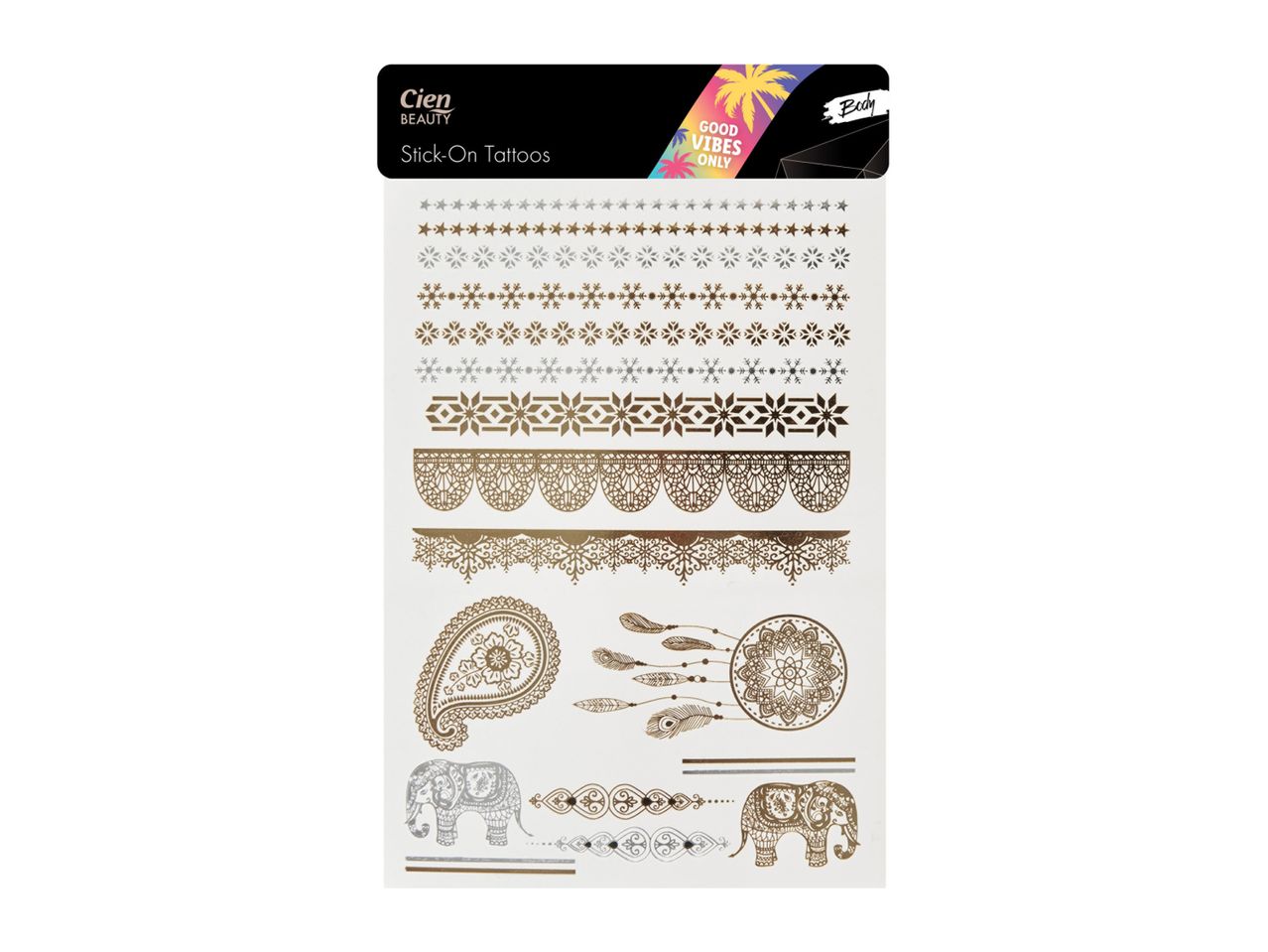 Gold foil sticker sheet with paisley and border designs.