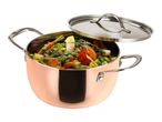 Copper pot with a variety of colorful cooked vegetables and a stainless steel lid