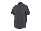 Men's short-sleeved button-up shirt in a dark grey textured fabric.