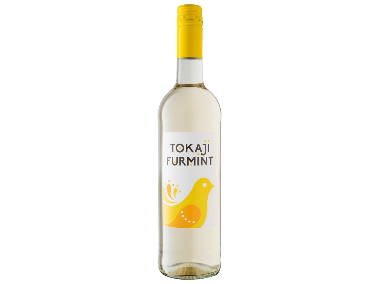 Tokaji Furmint fehérbor palack sárga címkével.