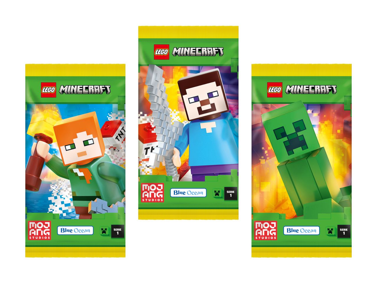Drei LEGO Minecraft Serie 1 Beutel mit Steve, einem Creeper und einer Figur mit Fackel.
