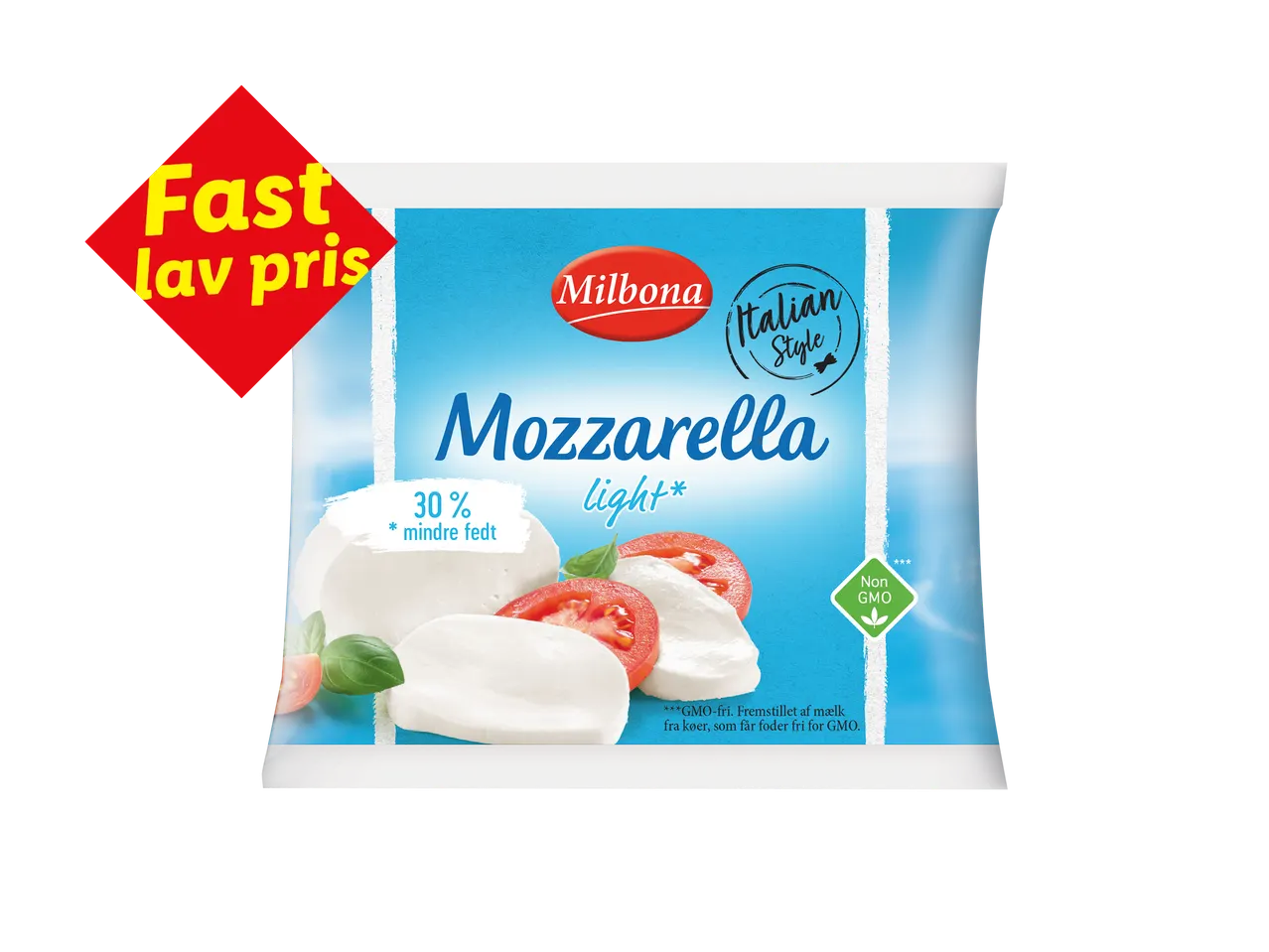 Mozzarella light med 30% mindre fedt, italiensk stil og GMO-fri, med et 'Fast lav pris'-mærke.