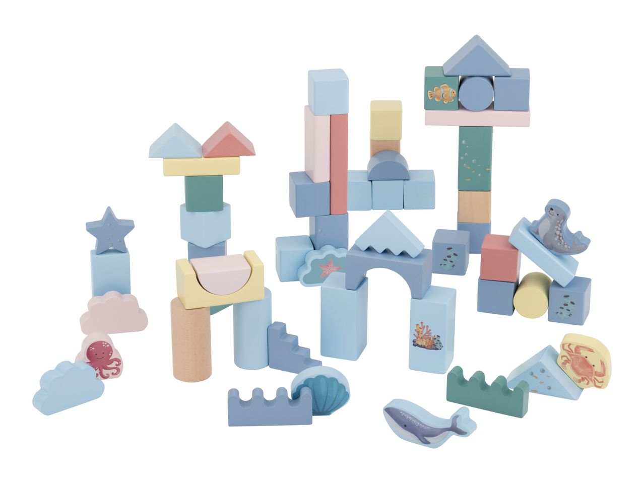 A collection of pastel-colored wooden building blocks with an underwater theme, including sea creatures.