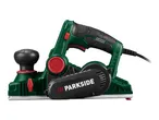 Green and black electric planer with red accents and a black power cord.