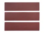 Three rectangular sheets of brown sandpaper, arranged horizontally on a white background.