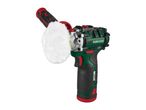 Cordless polisher with a white polishing pad and an auxiliary handle.