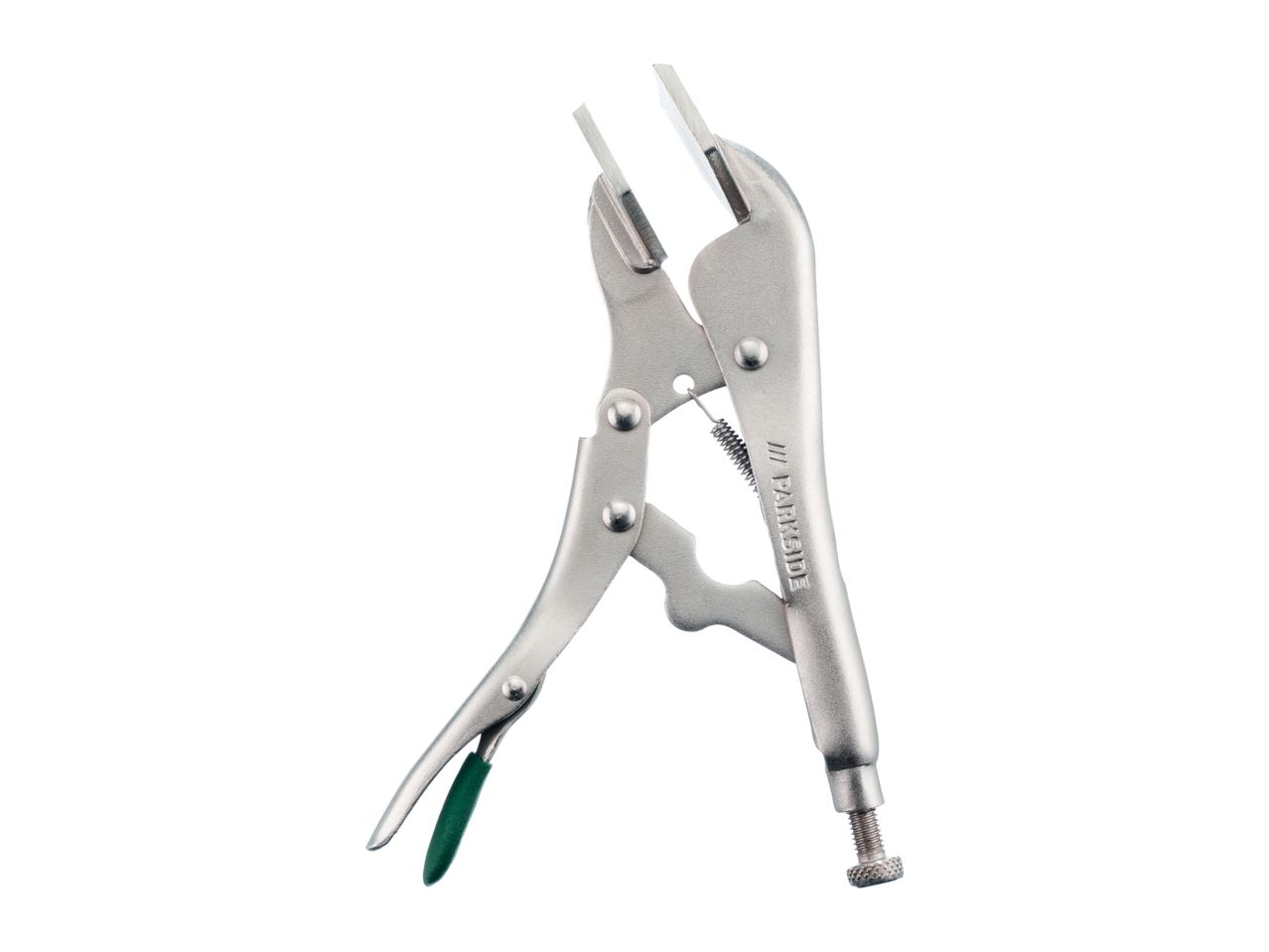 Parkside brand metal pliers with green handle isolated on white background.