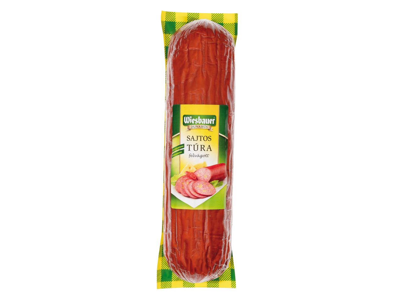 Wiesbauer Sajtos Tura kolbász, csomagolva.