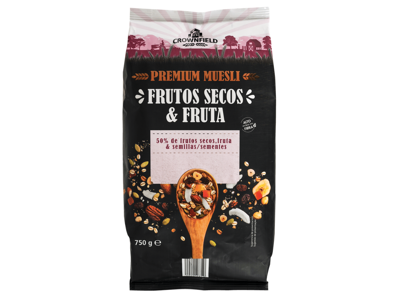 Muesli Crownfield Premium com frutos secos e fruta.