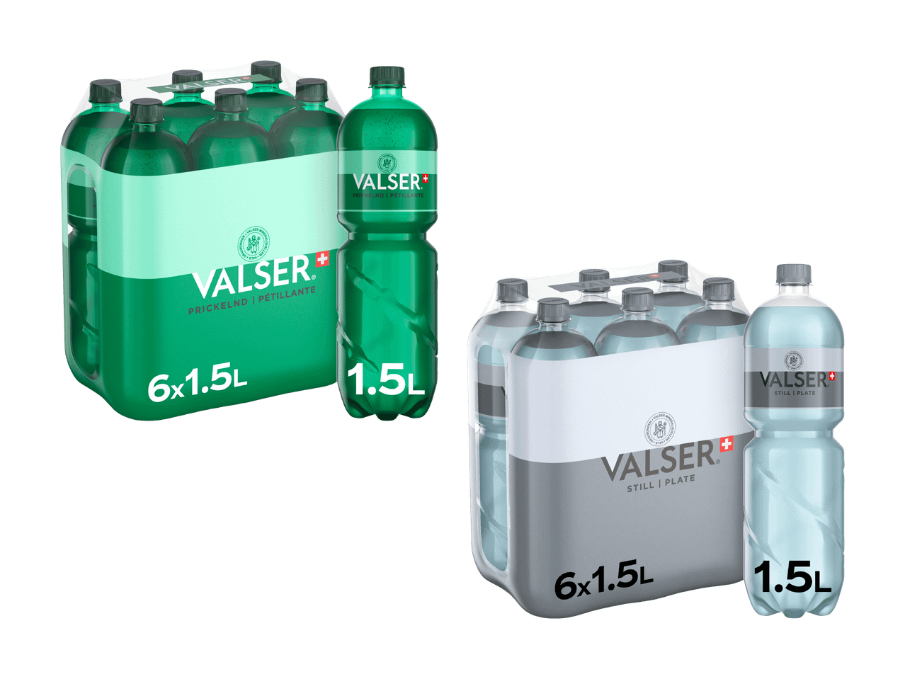 Valser Mineralwasser-Multipacks, 1,5L, prickelnd und still.