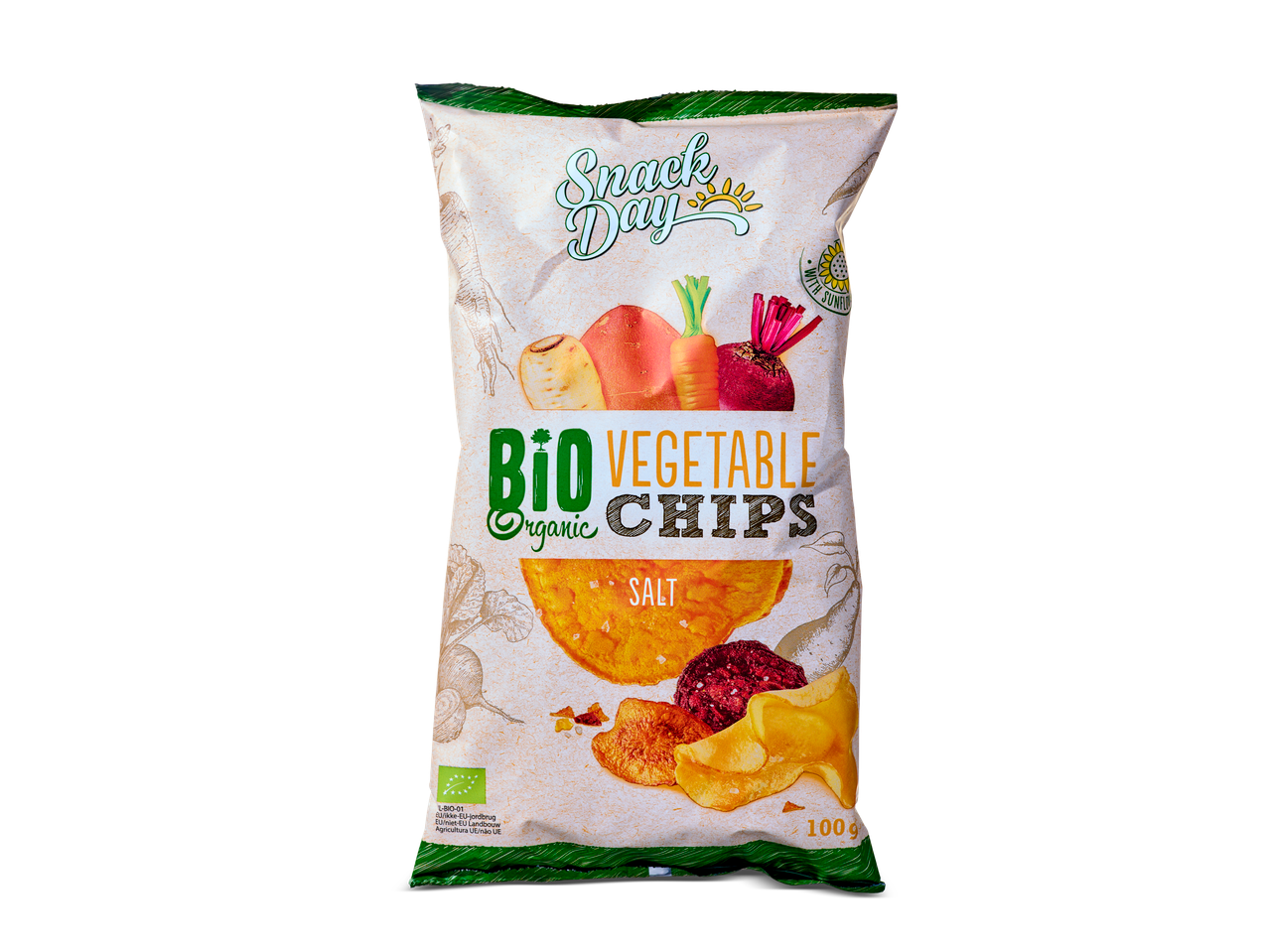 Snack Day Bio groentechips: Zoute, biologische chips van verschillende groenten.