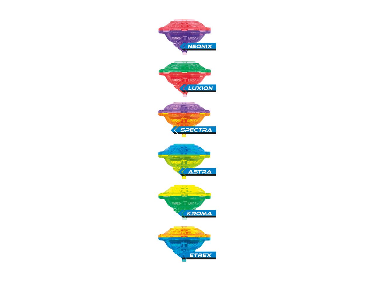 Seven colorful diamond-shaped spinning tops.