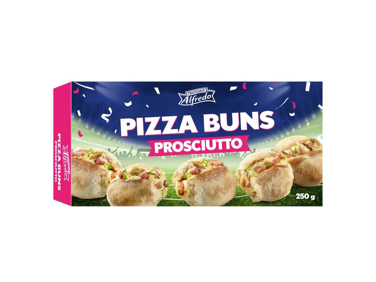 Pães de Pizza Trattoria Alfredo Prosciutto: Pacote de 250g com quatro pães recheados.