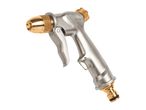 Silver and gold metal garden spray gun with adjustable nozzle and trigger lock.
