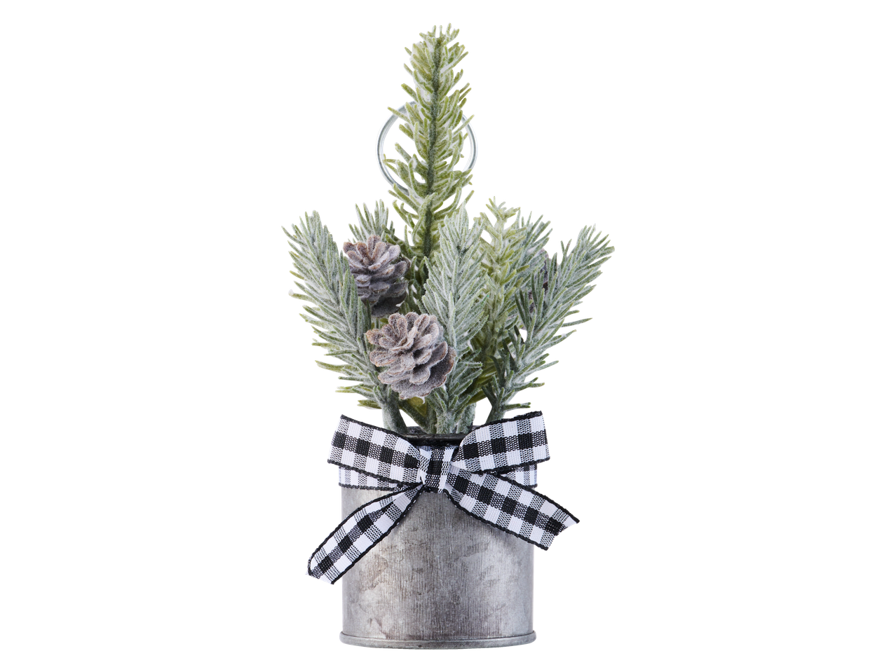 LIVARNO home mini Ziemassvētku eglīte ar čiekuriem un rūtainu lenti metāla podā