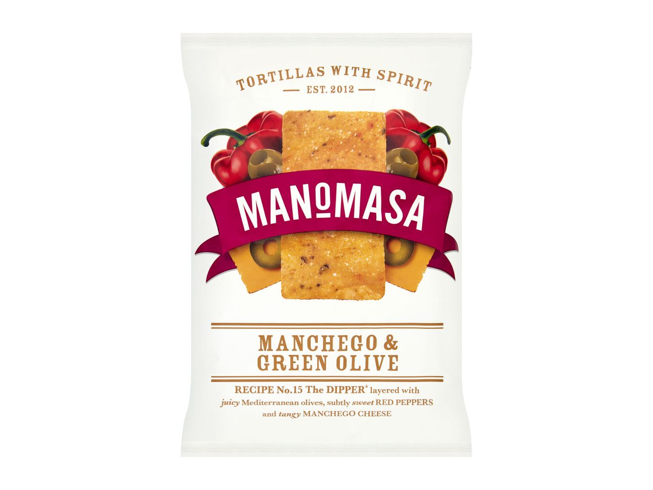 ManoMasa brand baked chips, featuring a Manchego & Green Olive flavor.