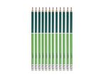 A row of green pencils with erasers, some with the text 'Crelando'.