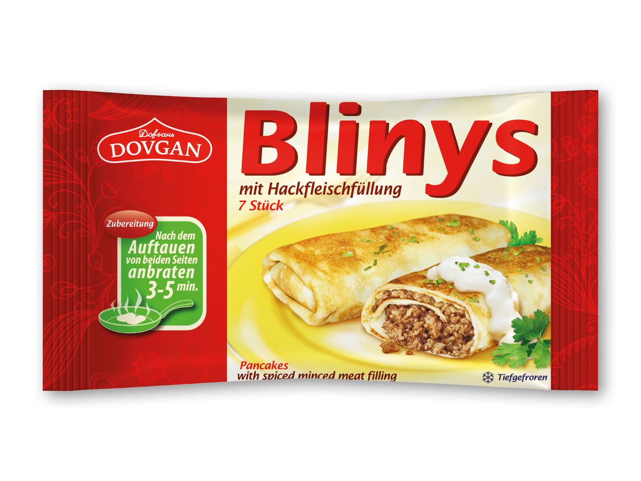 Dovgan Blinys med hakket kød, frosne pandekager med krydret hakket kødfyld.