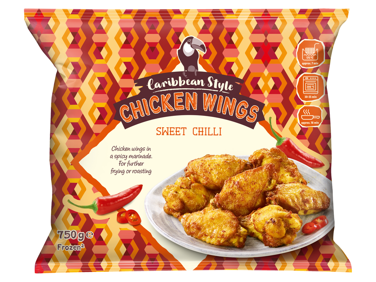Diepvries Caribische stijl zoet-chili kipvleugels, klaar om te bakken of te roosteren.